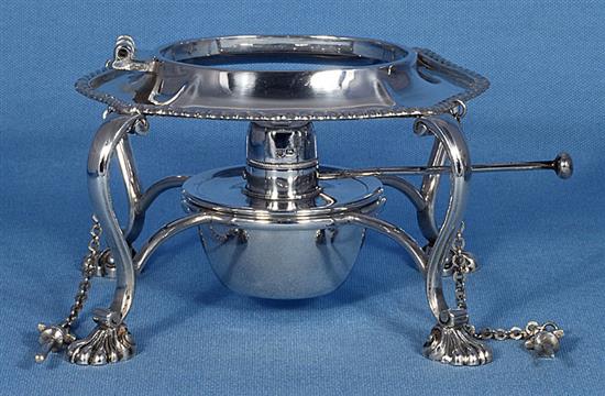 A silver kettle on stand, Height 11 ½”/290mm Width: 9”/230mm Weight 42.8oz/1213g.